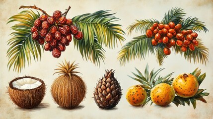 Fototapeta premium Tropical Fruits and Nuts Illustration