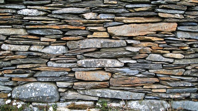 rough-hewn fieldstone wall with chisel marks visible on each rock. The stones are tightly packed, with earthy reds and browns dominating. The texture is highly tactile, emphasizing raw, unrefined 