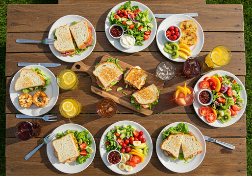 Colorful Picnic with Sandwiches, Fresh Salads, and Fruit Drinks in Bright Outdoor Setting