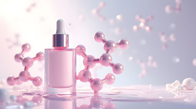 A clear glass dropper bottle with pink serum surrounded by molecular structures, creating a fresh, elegant skincare aesthetic.