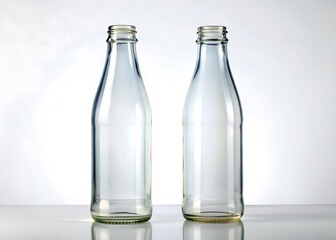 Two glass bottles standing side by side isolated on white background
