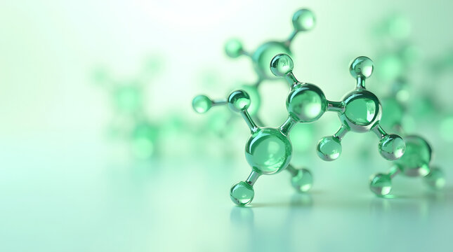 Abstract green molecular structures create a scientific atmosphere, symbolizing innovation and discovery.