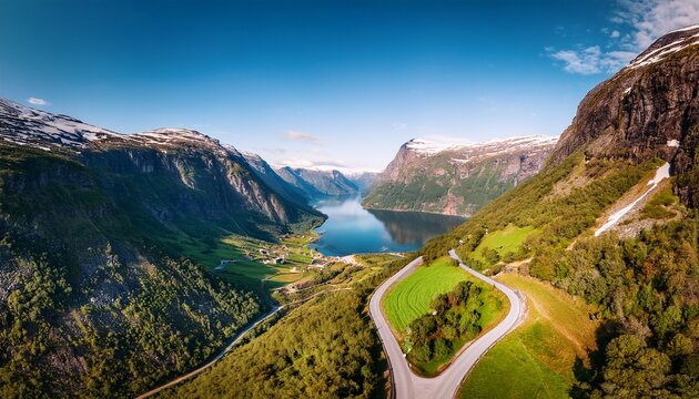 drone view of mountain landscape near aurlandsfjord bjorgavegen tourist road aurland norway