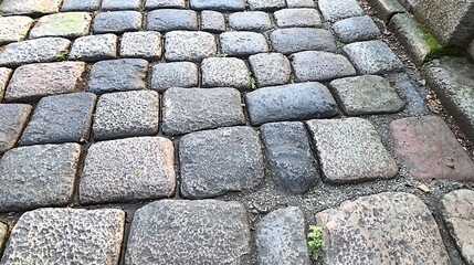 close-up of a cobblestone wall with small, rounded stones tightly set in mortar. The uniform size and smooth finish suggest historical or European-inspired construction. Cobblestone wall, rounded 