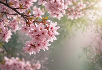 Obraz premium Delicate pink sakura petals softly falling against a blurred spring backdrop , sakura petals, Japanese spring, pink