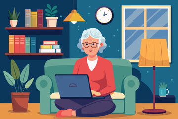 In a welcoming living room, an elderly woman comfortably types on her laptop while seated on a green couch, surrounded by plants and books, enjoying a quiet moment.