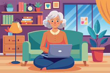 An older woman engaged in her laptop work while comfortably seated on a green sofa in her warm, inviting living room filled with books and plants.