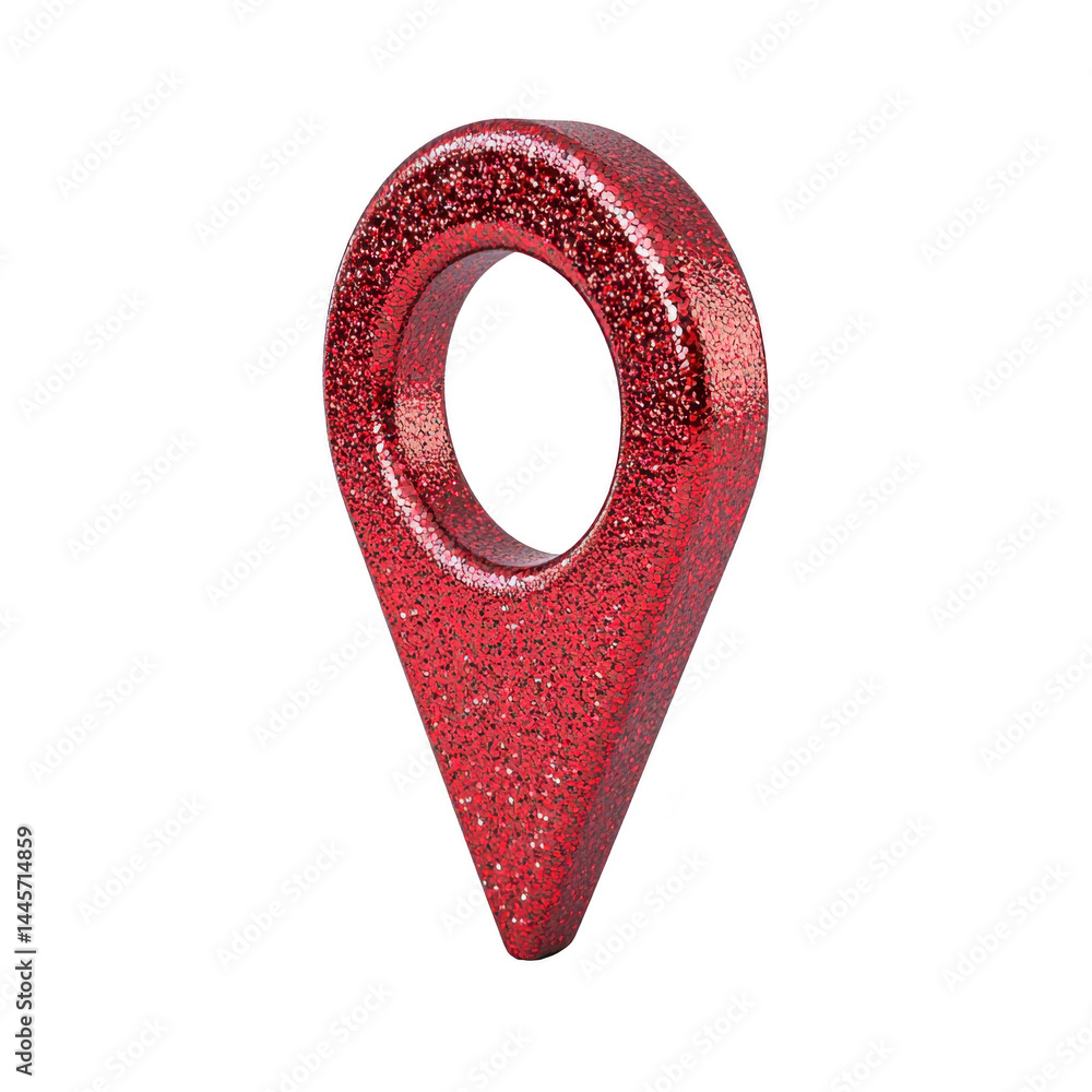 Poster glittery red location pin icon with circular hole in center, symbolizing navigation or map markers. 