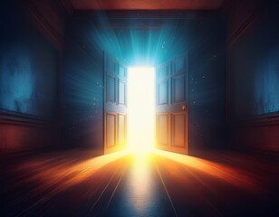 hope amid the gloom concept a bright exit door in dark room the light at the end of the tunnel
