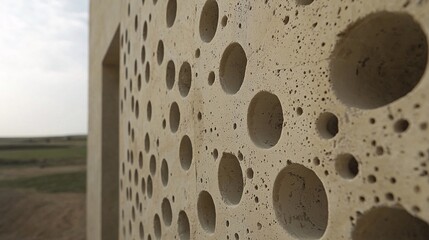 close-up of a travertine wall with pitted, honeycombed stones in warm beige and ivory tones. The natural holes and grooves create an organic, breathable texture. Travertine stone wall, pitted 