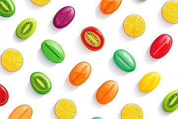 Colorful fruit shaped candies sweet treats delicious pattern background vibrant summer design illustration tasty candy sweets assorted flavors kiwi orange strawberry graphic design element fun food