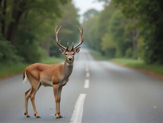 Fototapeta premium A deer is standing in the middle of the road