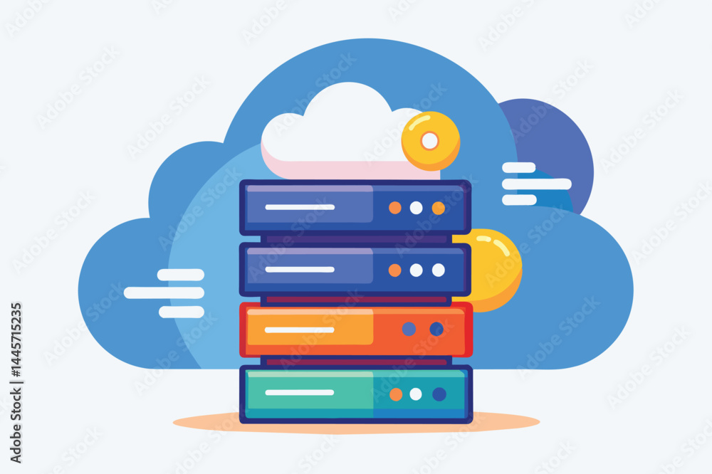 Poster a group of colorful cloud storage servers is arranged in a stack, featuring various shades and butto