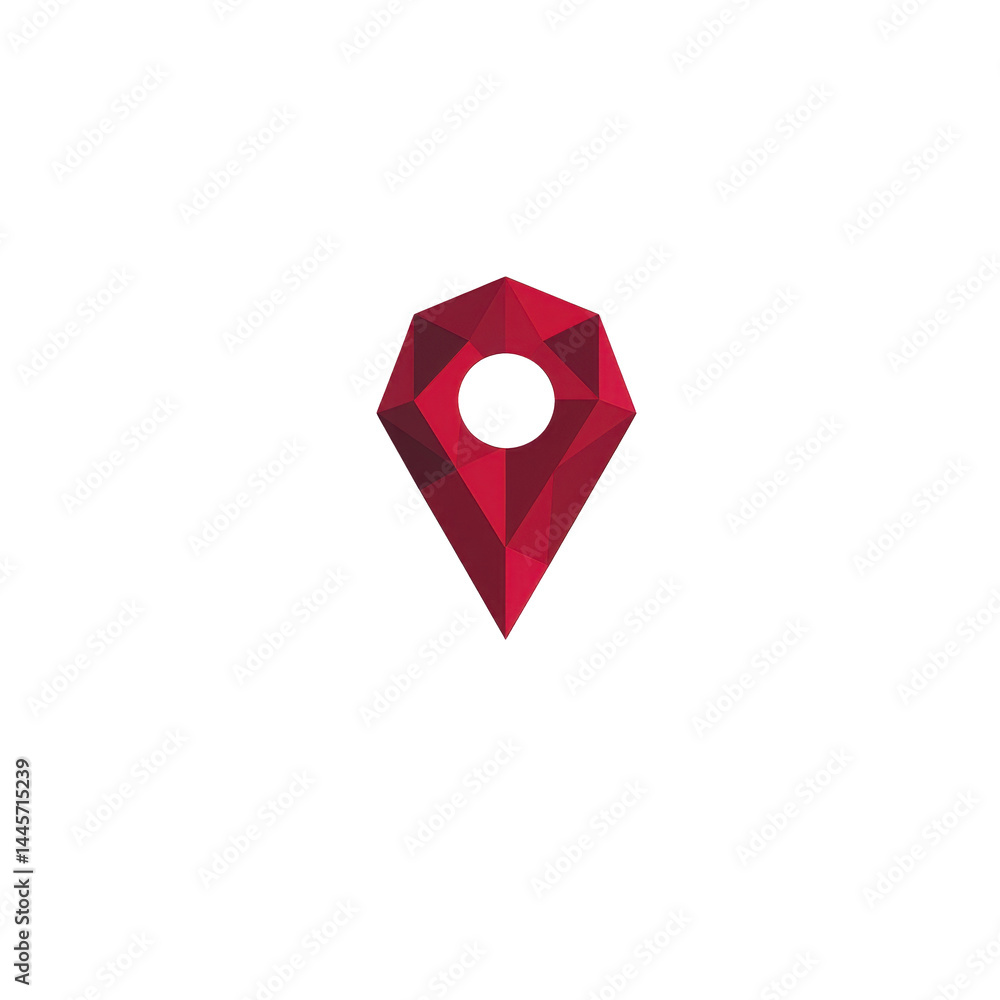Poster red geometric location pin icon with polygonal design, symbolizing navigation or mapping. pin is sty