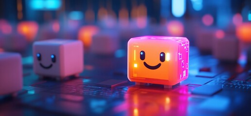 Whimsical electronic companions exploring circuit landscapes in vivid neon tones