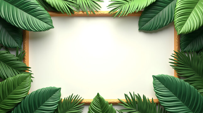A blank canvas framed by lush green tropical leaves, perfect for a creative or nature-inspired design.