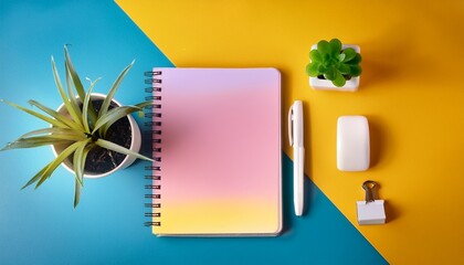 colorful desk with notebook key takeaways white pen plant and eraser