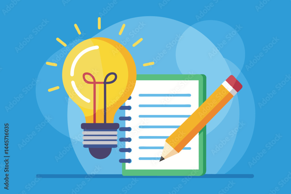 Poster a light bulb shines brightly next to a notepad with lines, accompanied by a pencil, symbolizing crea