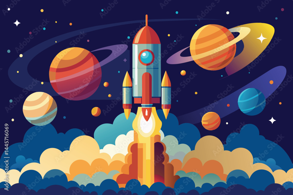 Poster a rocket ascends into the cosmos, leaving a trail of flames, while colorful planets and swirling clo