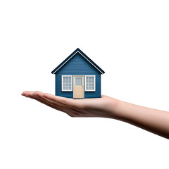 Hand holding small blue house with white window and yellow door isolated on white background emphasizing afable housing and home ownership concept