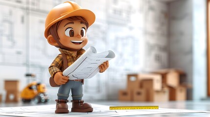 Architect cartoon character with blueprint roll and measuring tape, confident stance