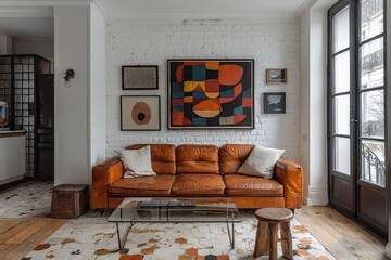 
Small Parisian living room with white walls, parquet floor, brown leather sofa, glass coffee table, colorful paintings, and abstract pictures in black frames.

