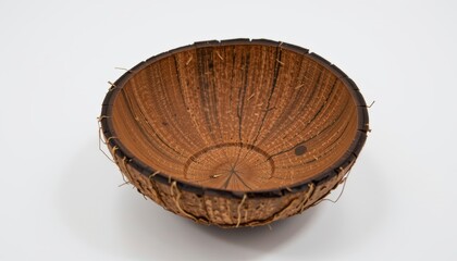 An organic coconut bowl placed centrally on a pure white background (RGB 255,255,255), showing its naturally irregular rim and rough inner texture