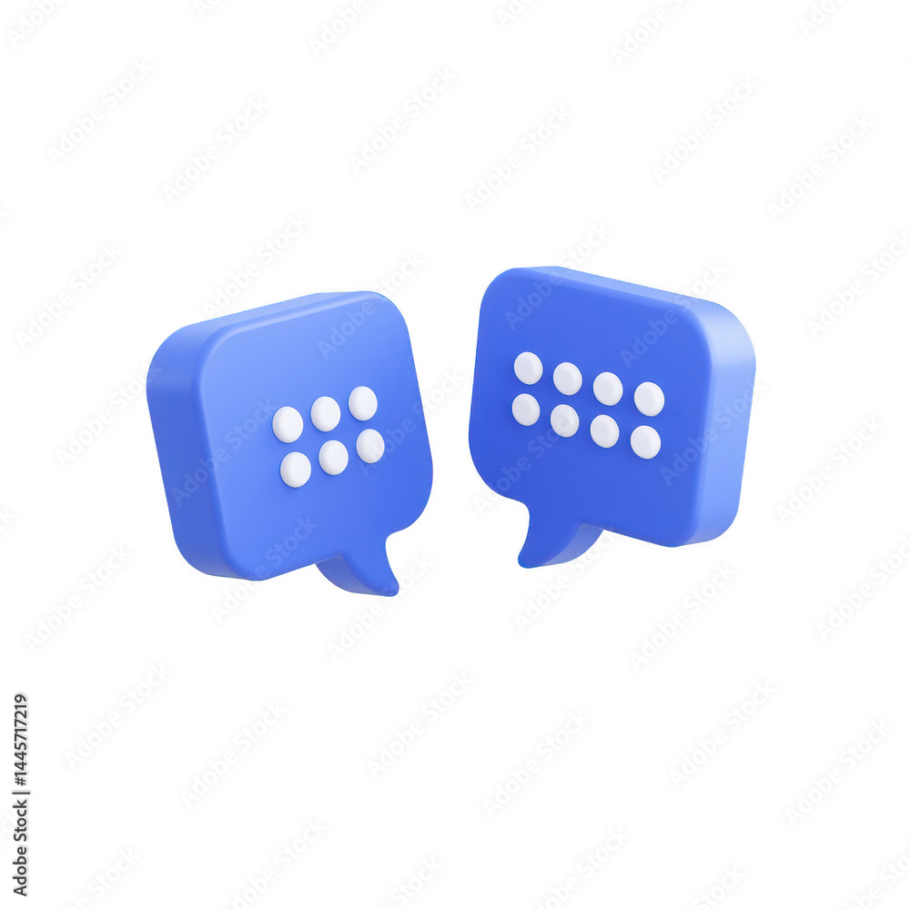 Poster two blue 3d speech bubbles with white dots symbolize communication and dialogue. minimalist design c