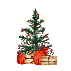 Watercolor Christmas tree with gifts and decorations in festive spirit. Vector illustration