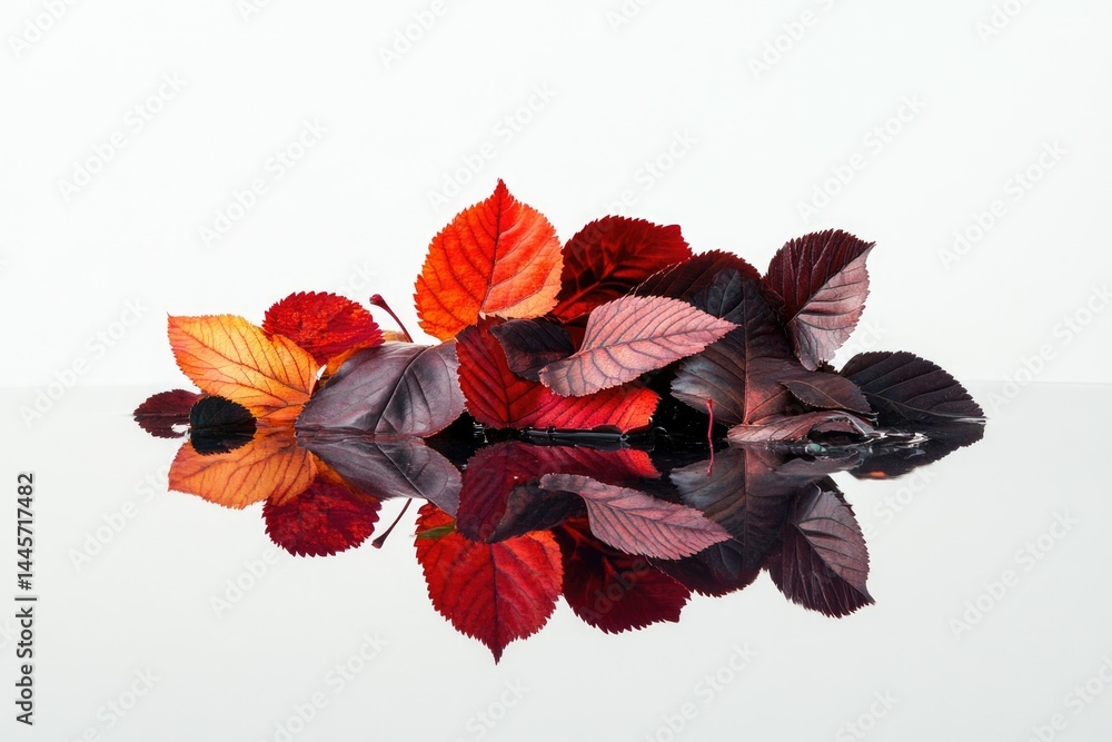 Poster autumn leaves in vibrant red and orange hues float on a reflective surface, creating a symmetrical a