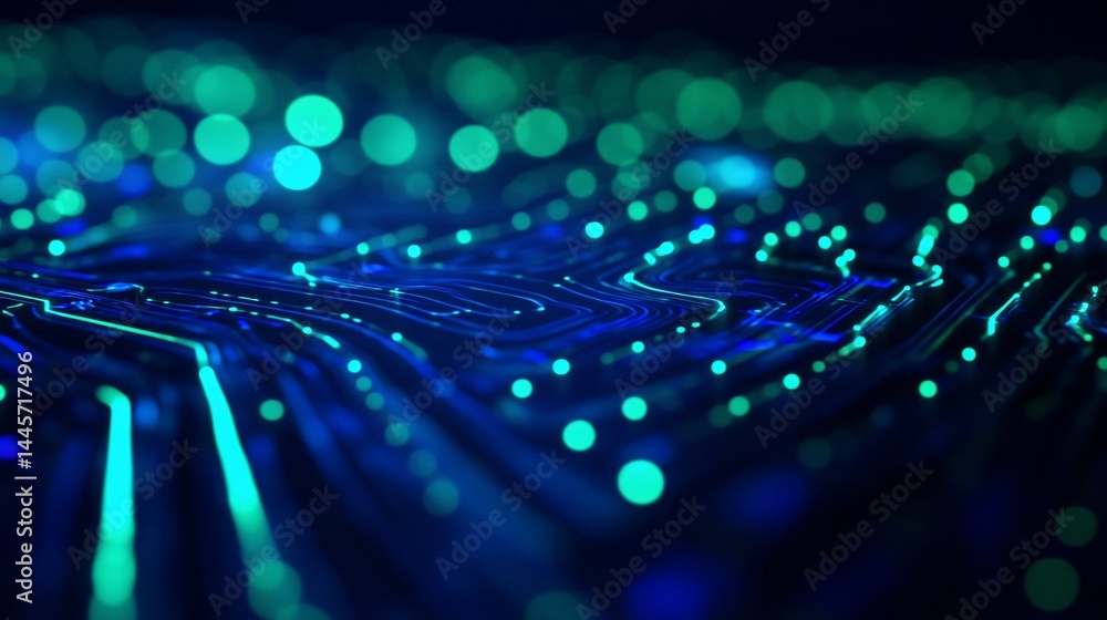 Poster abstract network digital circuit board with glowing nodes and connections