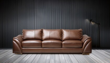 brown leather couch on a black panel wall background and gray parquet floor