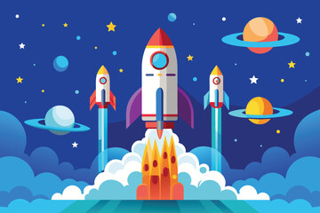 Three rockets ascend through colorful clouds amid a starry sky, surrounded by planets and satellites, creating an energetic and imaginative space adventure.