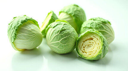 Fototapeta premium Fresh green cabbage heads arranged artistically on a light background, showcasing their vibrant colors and textures.