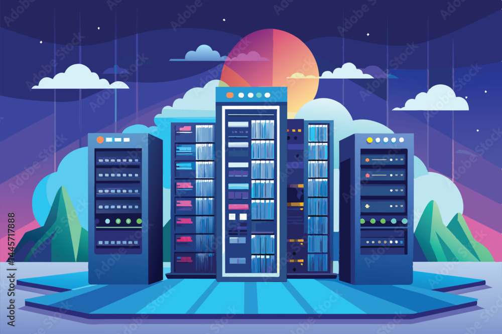 Poster the illustration showcases a futuristic data center with multiple server racks, set against a colorf