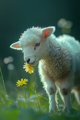 Obraz premium Cute lamb gently sniffs a daisy flower in a dreamy meadow with warm evening sunlight.