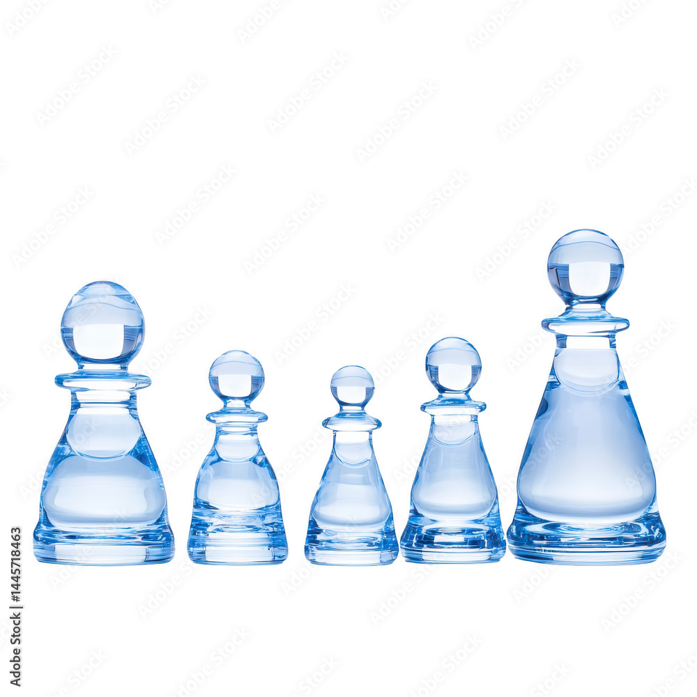 Poster set of five transparent glass chess pawns in varying sizes is arranged in row against plain backgrou