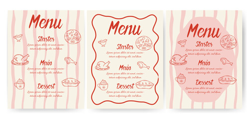 Set of Christmas vintage menu card design. Hand drawn Christmas food items. Minimalist menu design in cute doodle style for holiday parties, dinner events, seasonal menus.