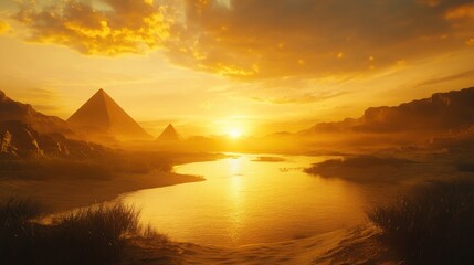 Golden sunrise illuminating Ancient Egypt lush Nile banks, towering pyramids in the distance, warm cinematic light over sand dunes, ethereal 8K ultra-realistic scene
