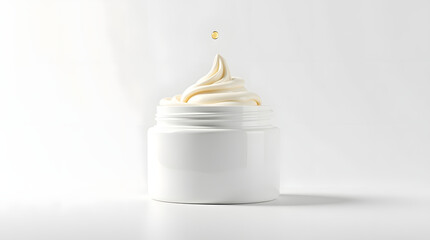 A close-up of a creamy moisturizer in a sleek jar, featuring a delicate swirl and a drop of liquid above.