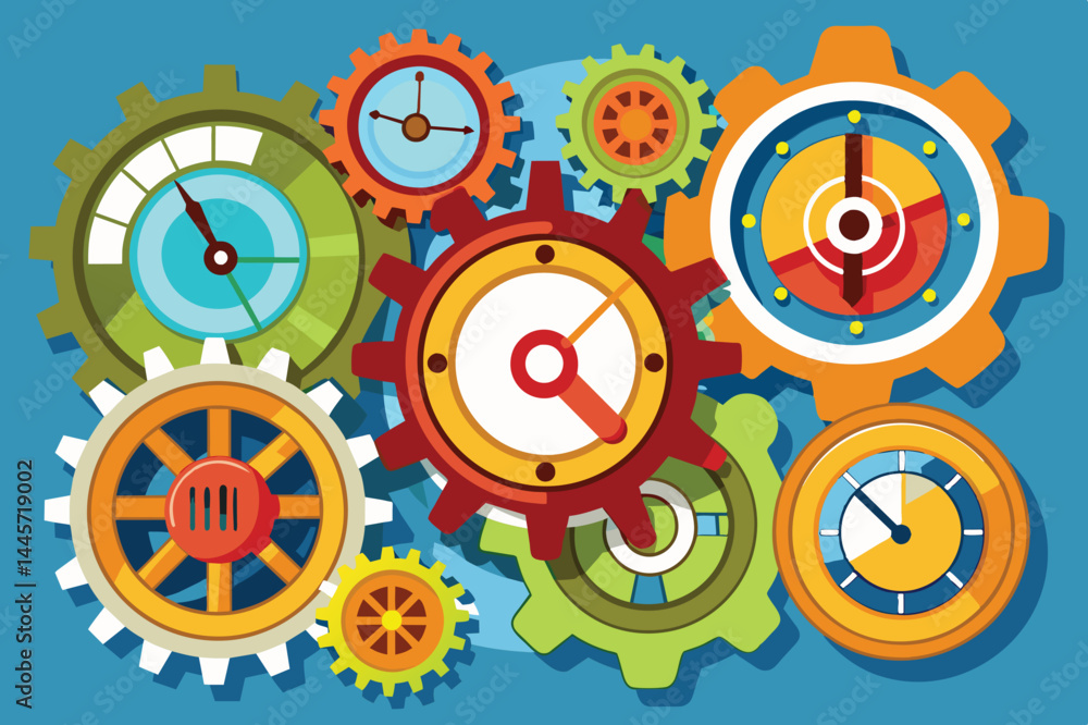 Poster a vibrant collection of gears and clock mechanisms showcases various sizes and colors, demonstrating