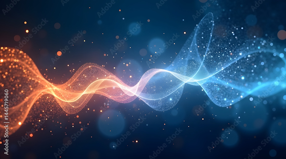 Poster abstract wave of glowing particles in blue and orange hues creating a mesmerizing visual effect.