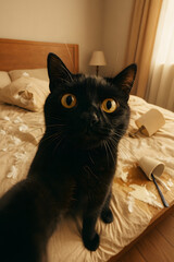 Guilty bad black cat taking selfie on messy bed with spilled drink and broken cup