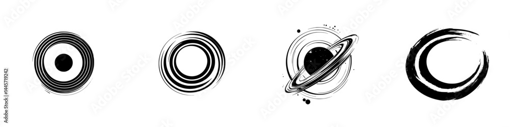 Poster vector illustration icons depicting celestial shapes and patterns in black and white style for digit