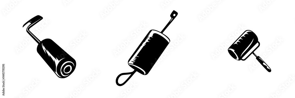 Poster collection of vector illustration icons of paint rollers in black and white style suitable for vario
