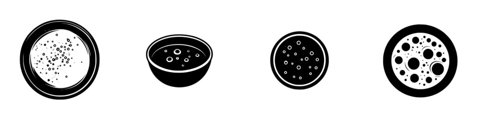 Vector illustration of various simple circular icons representing different types of sauces or dips in black and white style