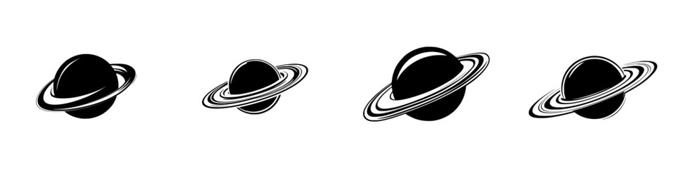 Vector illustration of four planets with rings in black and white design showcasing a cosmic theme