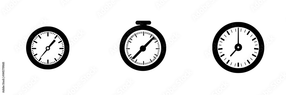 Poster vector illustration featuring three black and white clock icons representing time management and mea