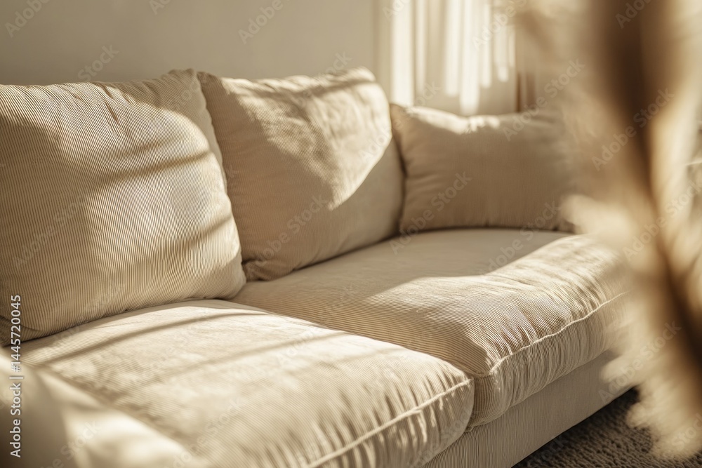 Poster sunlight streams across a beige corduroy couch, creating a warm, inviting atmosphere.