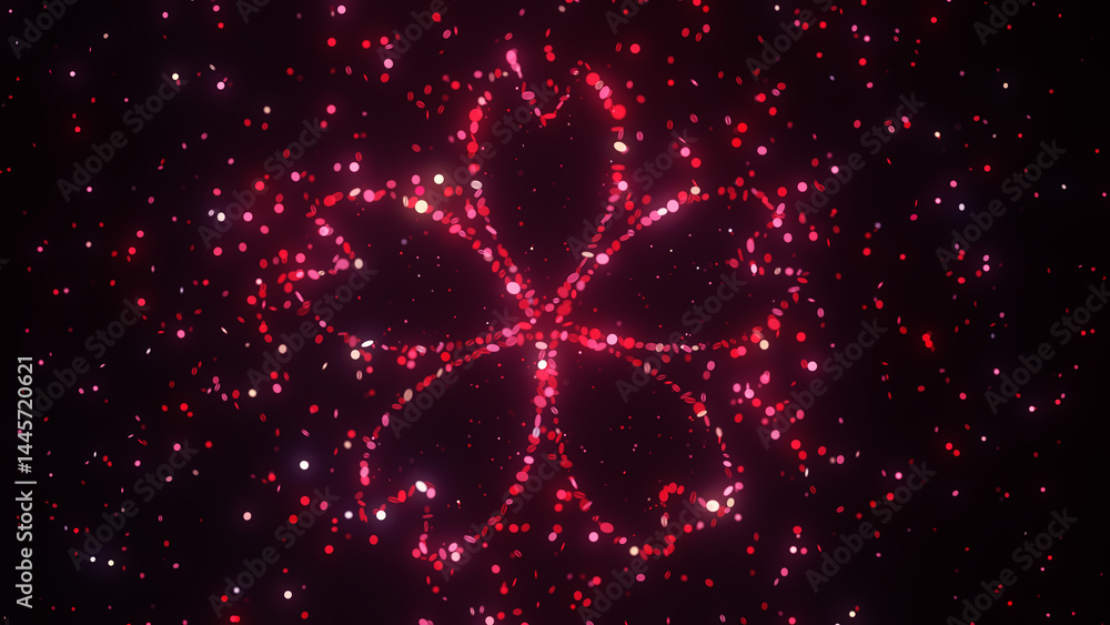 Poster pink sakura flower shape created with floating glowing particles on dark background.